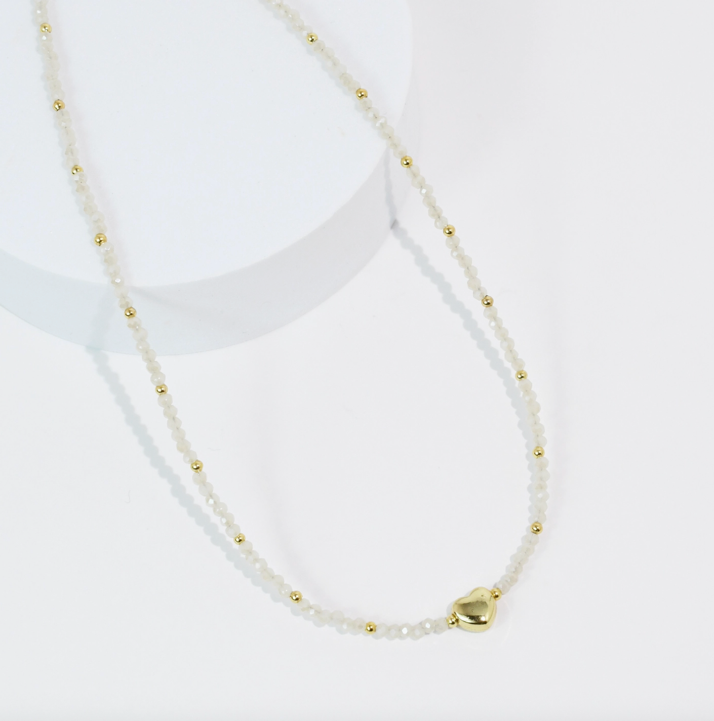 Tiny Gold Heartbeat Necklace - White
