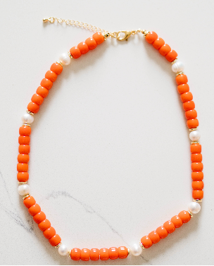 Victory Beaded Pearl Necklace- Orange