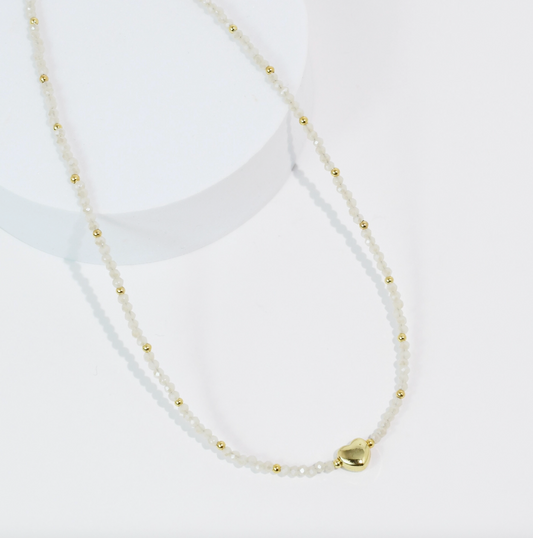 Tiny Gold Heartbeat Necklace - White