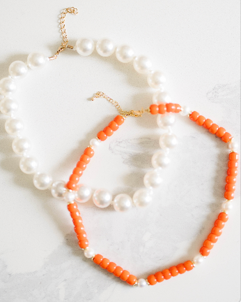 Victory Beaded Pearl Necklace- Orange